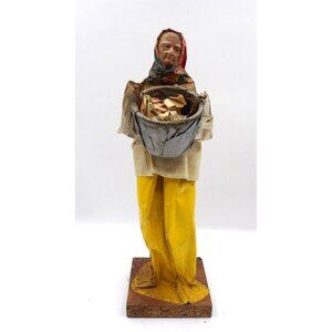 Viejita Papel Mache Old Woman With a Basket in Papier Mache 12 x 3½ x 3½" Mexico